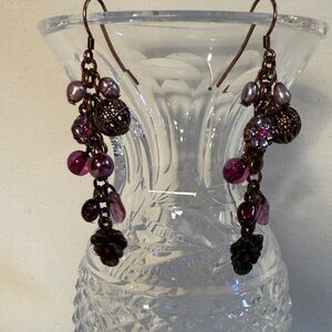 Elegant cluster antique brass violet Purple pearl crystal Beaded flower Earrings